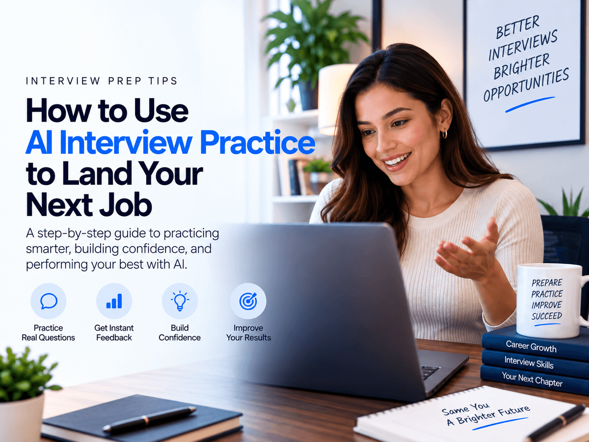 Woman using AI interview practice on a laptop to prepare for a job interview