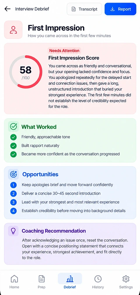First impression score and interview feedback in the Digital Interview AI mobile app
